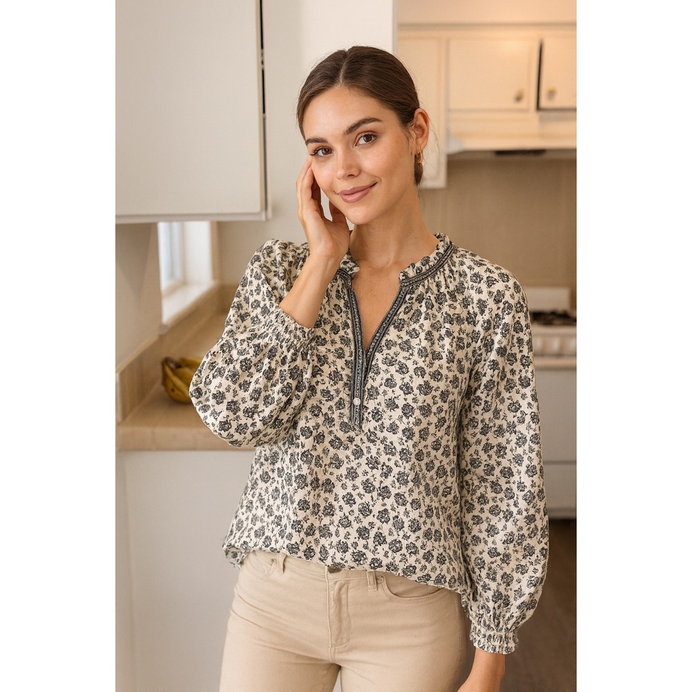 Max Studio Floral Peasant Blouse – Black & White Boho Top, 3/4 Sleeves, Size L